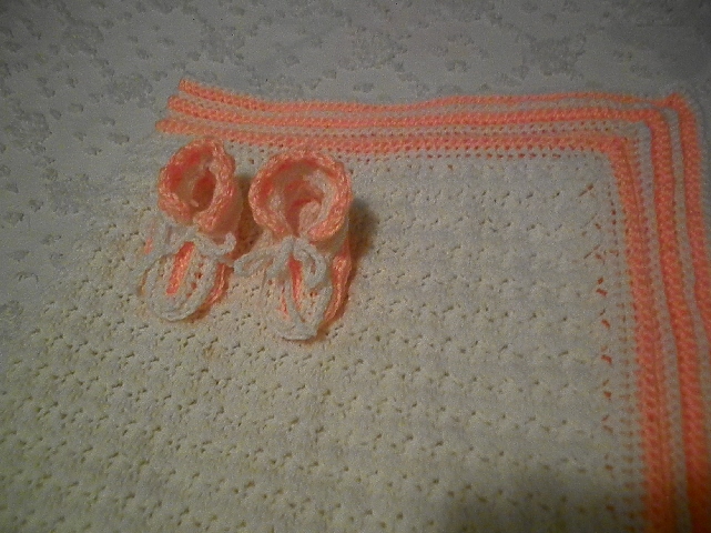 White Crocheted Baby Blanket and Booties Trimmed in Peach