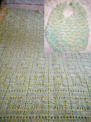 Matching Green & Blue Crocheted Blanket & Bib