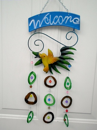 Yellow Bird with Brown & Green Rings - Glass Wind Chimes