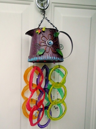 Purple Watering Can with Multi Colored Rings - Glass Wind Chimes