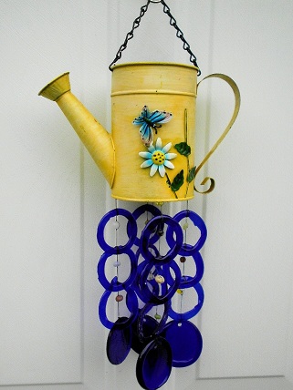 Yellow Watering Can with Blue Rings - Glass Wind Chimes