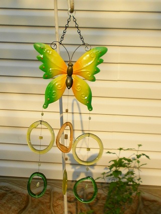 Yellow & Green Butterfly with Colored Rings Glass Wind Chimes
