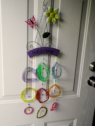 Welcome - Pink Butterfly with Colored Rings - Glass Wind Chimes