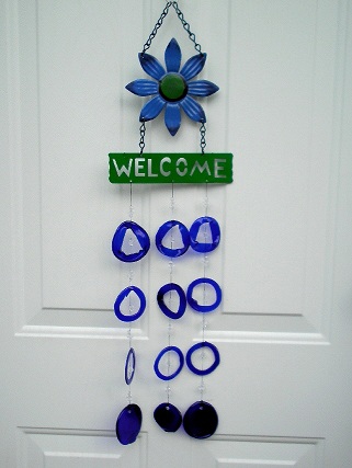 Blue Flower Welcome with Blue Rings - Glass Wind Chimes