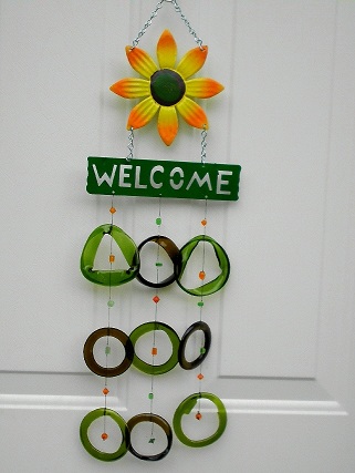 Yellow Flower Welcome with Green & Blue Rings - Glass Wind Chimes