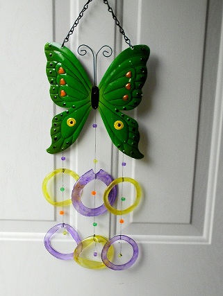 Green Butterfly with Yellow & Purple Rings - Glass Wind Chimes