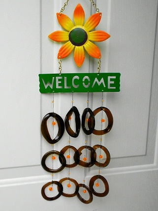 Welcome with Orange Flower & Brown Rings & Orange Beads - Glass Wind Chimes