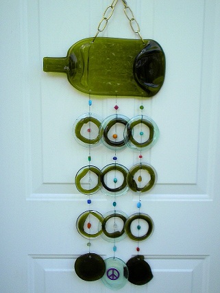 Rhondas Green Wine Bottle with Green & Clear Rings - Glass Wind Chimes