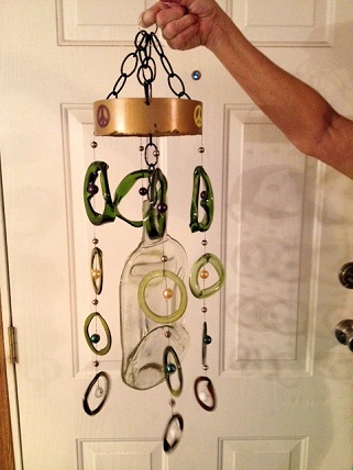 Wine Bottle with Light & Dark Green Rings - Glass Wind Chimes