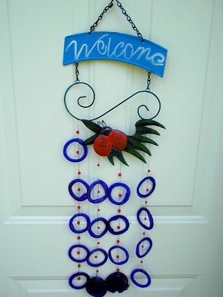 Welcome with Lady Bug & Blue Rings - Glass Wind Chimes