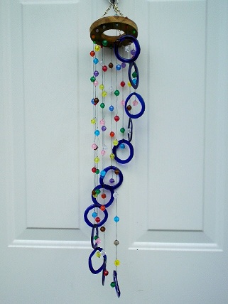 Spiral with Blue Rings & Beads - Glass Wind Chimes