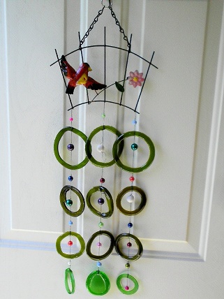 Red Bird with Green Rings - Glass Wind Chimes