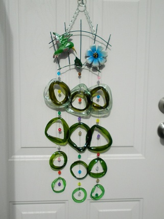 Green Humming Bird with Green Rings & Beads - Glass Wind Chimes