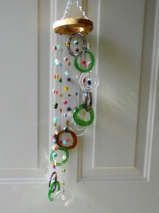 Spiral with Green, Brown & Clear Rings & Beads - Glass Wind Chimes