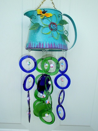 Water Can with Blue & Green Rings - Glass Wind Chimes