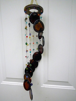Spiral with Brown Bottle Bottoms - Glass Wind Chimes