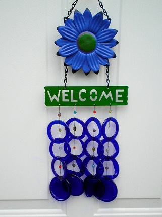 Welcome Blue Flower with Blue Rings - Glass Wind Chimes