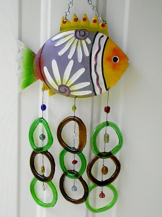 Yellow & Gray Fish with Green & Brown Rings - Glass Wind Chimes