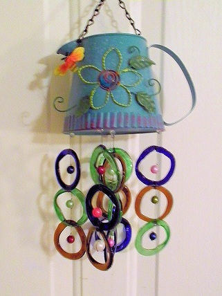 Blue Water Can with Multi Colored Rings - Glass Wind Chimes