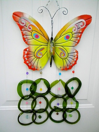 Yellow & Orange Butterfly with Green Rings - Glass Wind Chimes