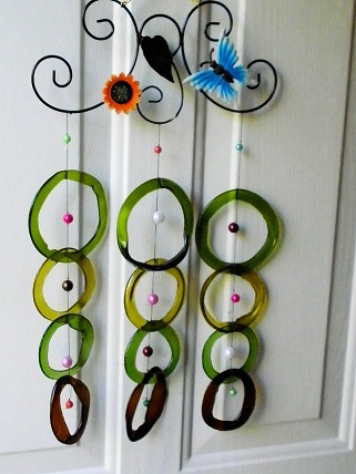 Blue Butterfly with Green & Brown Rings - Glass Wind Chimes