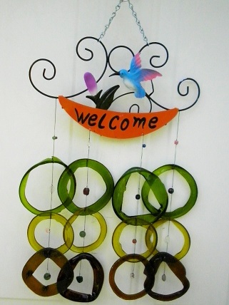 Welcome Blue Humming Bird with Green & Brown Rings - Glass Wind Chimes