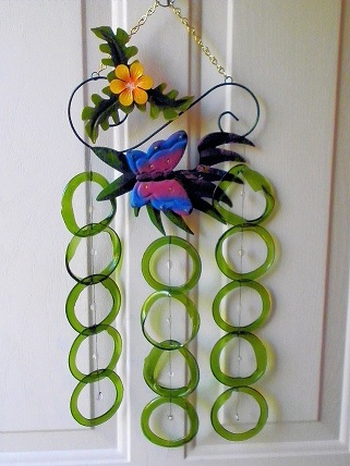 Blue Butterfly with Green Rings - Glass Wind Chimes