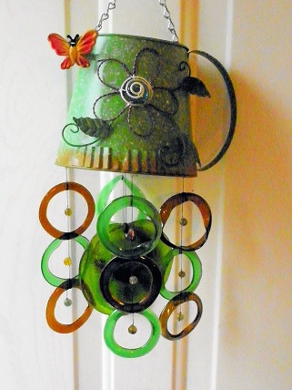 Green Watering Can with Green & Brown Rings & Yellow Bell - Glass Wind Chimes