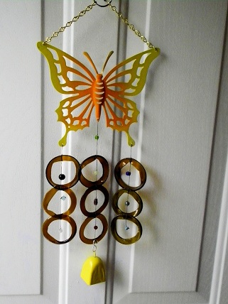 Yellow Butterfly with Green Rings & Yellow Bell - Glass Wind Chimes