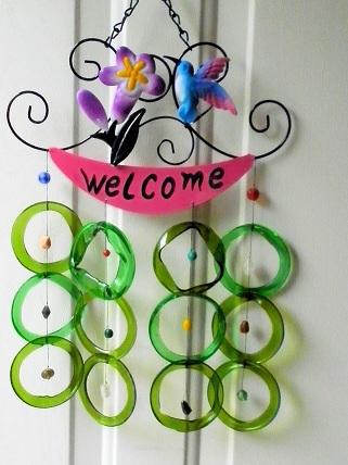 Welcome Blue Hummingbird with Gree Rings - Glass Wind Chimes