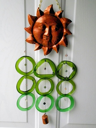Sun Face with Green Rings and Bell - Glass Wind Chimes