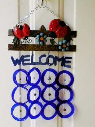 Welcome Red Ladybug with Blue Rings - Glass Wind Chimes