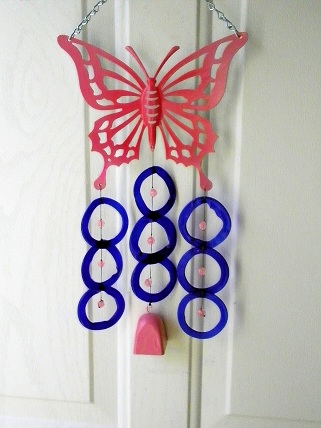 Pink Butterfly with Blue Rings and Pink Bell - Glass Wind Chimes