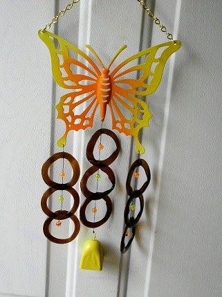 Yellow Butterfly with Brown Rings and Yellow Bell - Glass Wind Chimes