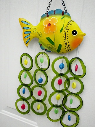 Yellow Fish with Green Rings and Big Beads - Glass Wind Chimes