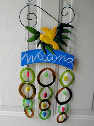 Welcome Yellow Bird with Green & Brown Rings and Big Beads - Glass Wind Chimes