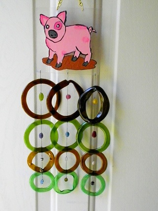 Pig with Multi Colored Rings - Glass Wind Chimes