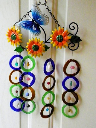 Blue Butterfly & Sunflowers with Multi Colored Rings - Glass Wind Chimes