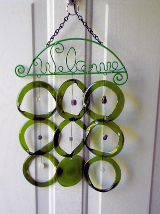 Welcome with Green Rings - Glass Wind Chimes