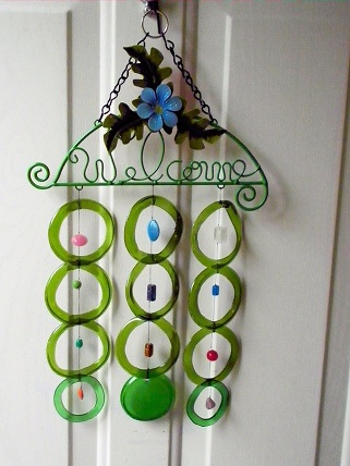 Welcome - Blue Posey with Green Rings - Glass Wind Chimes