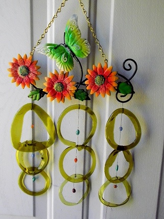 Green Butterfly & Sunflowers with Golden Rings - Glass Wind Chimes