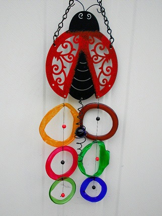 Red & Black Lady Bug with Multi Colored Rings - Glass Wind Chimes