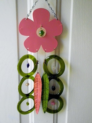 Pink Flower with Green Rings - Glass Wind Chimes