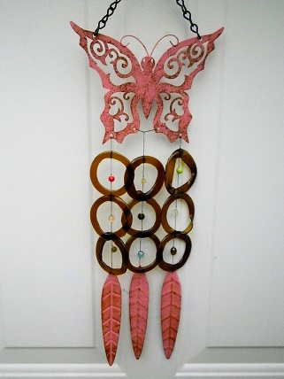 Pink Butterfly with Brown Rings - Glass Wind Chimes