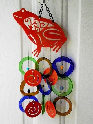 Red Frog with Multi Colored Rings - Glass Wind Chimes