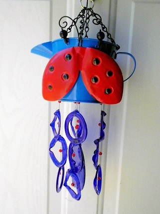 Blue Watering Can with Red Lady Bug & Blue Rings - Glass Wind Chimes