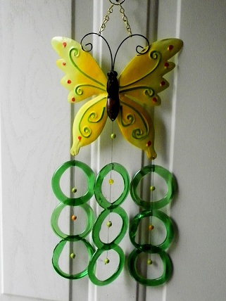 Yellow Butterfly with Green Rings - Glass Wind Chimes