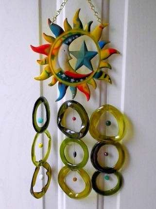 Moon & Stars with Multi Colored Rings - Glass Wind Chimes