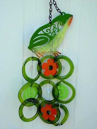 Green Frog with Red Flowers & Green Rings - Glass Wind Chimes