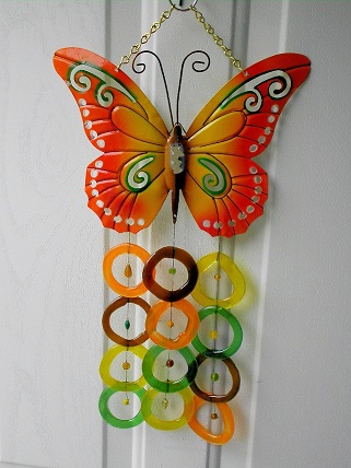 Butterfly with Green, Orange, Brown, & Yellow Rings - Glass Wind Chimes